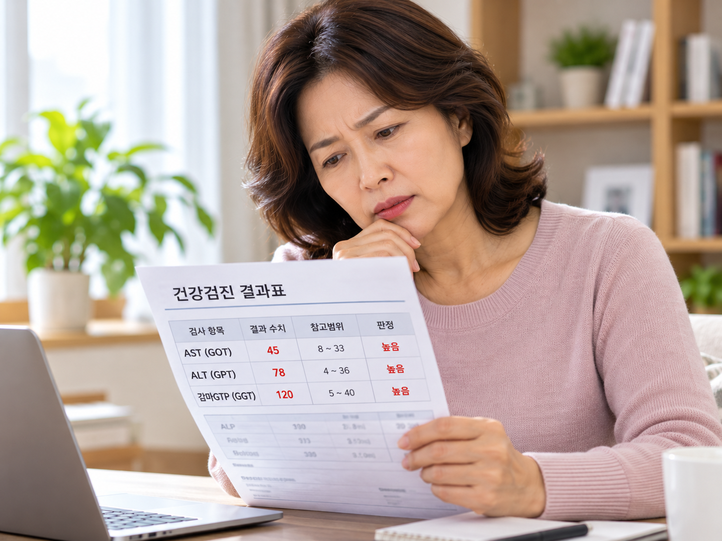 건강검진 결과표의 AST ALT 감마GTP 항목을 살펴보는 40~50대 한국인 성인여성의 이미지