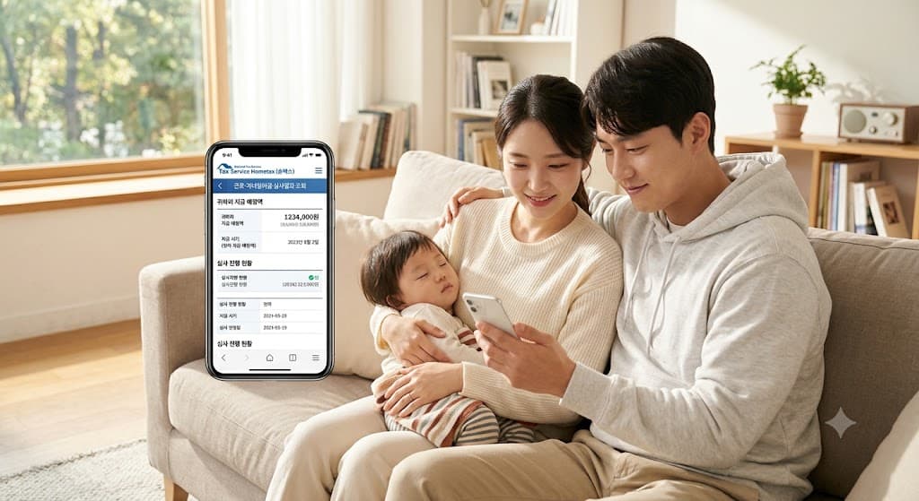 거실 소파에서 아이를 안고 스마트폰으로 홈택스 화면을 확인하는 부모, 따뜻하고 밝은 분위기 사진