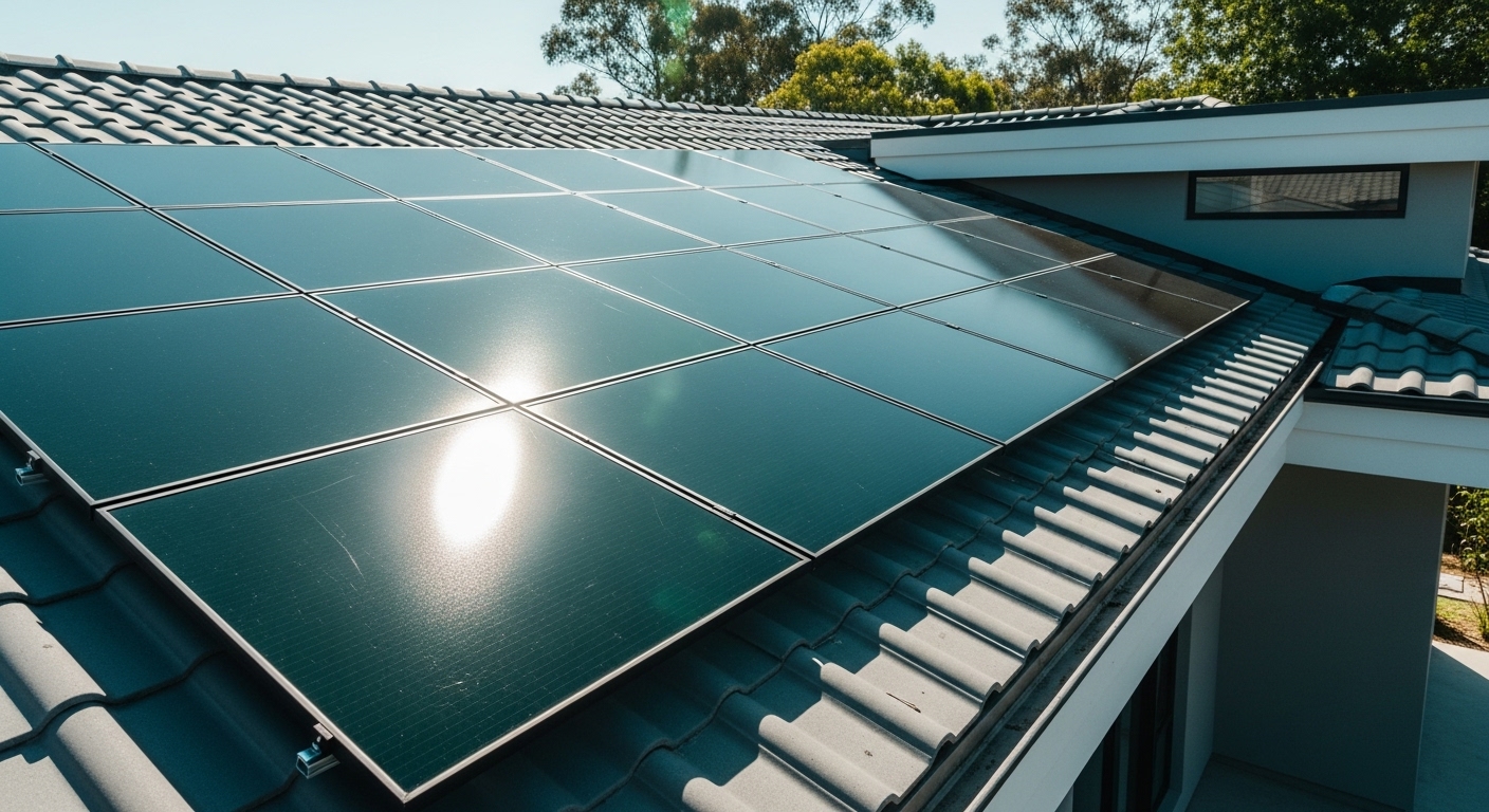 주택 지붕에 설치된 최신 태양광 패널이 햇빛을 받아 반짝이는 모습. 효율적인 에너지 생산을 상징하며, 주택용 태양광 보조금 확대를 시사.