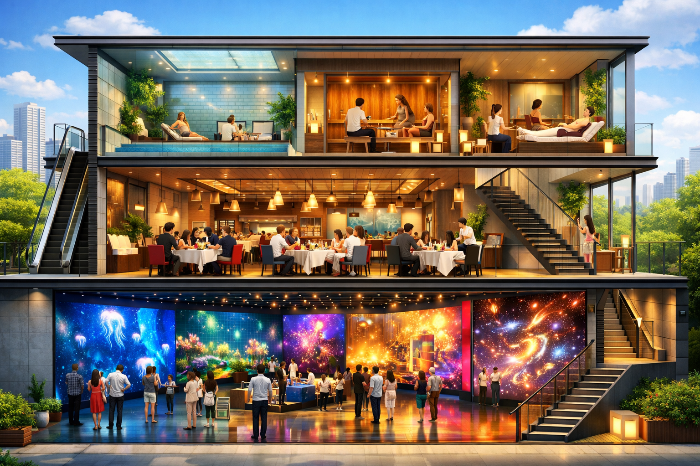 전시와 미식 그리고 휴식이 결합된 공간 융복합 구조.