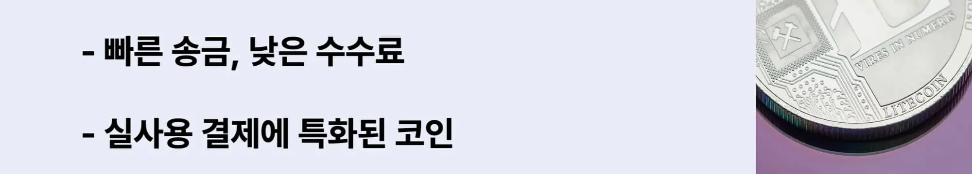 &lsquo;빠른 송금&rsquo;, &lsquo;실사용 결제&rsquo;라는 문구가 포함된 웹배너 이미지. 라이트코인의 실제 사용 사례와 결제 게이트웨이, 직불 카드 활용 등 실물 경제에서의 확장 가능성을 설명함 (litecoin utility, real world payment)