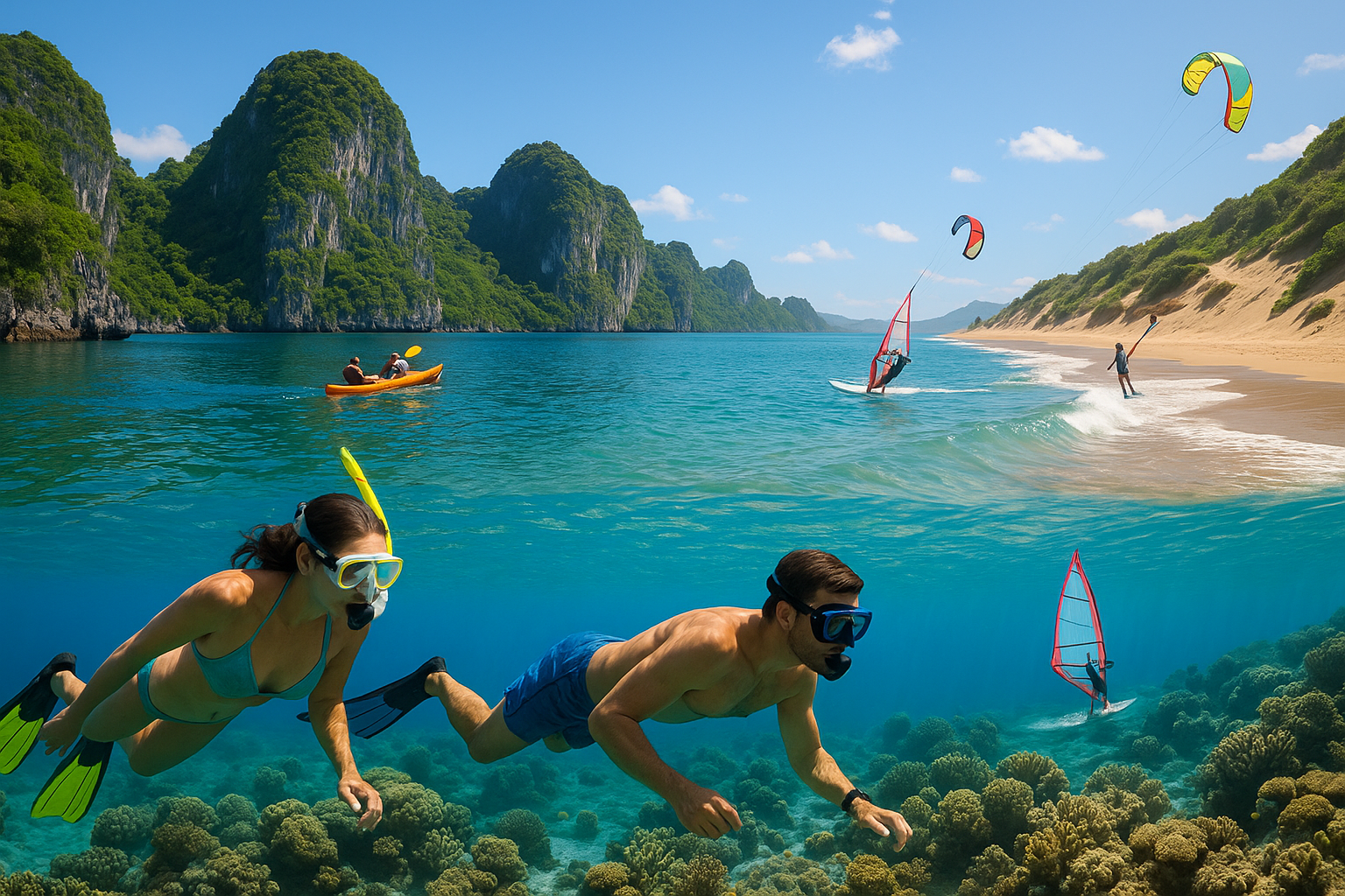 투명한 바닷속 산호초 위를 스노클링하는 사람들, 평화로운 만에서 카약을 타는 이들, 그리고 백사장에서 윈드서핑과 카이트서핑을 즐기는 여행자들이 어우러진 열대 해양 액티비티 풍경