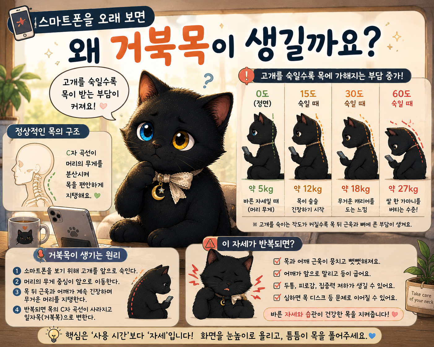 스마트폰을 오래 보면 왜 거북목이 생길까요?