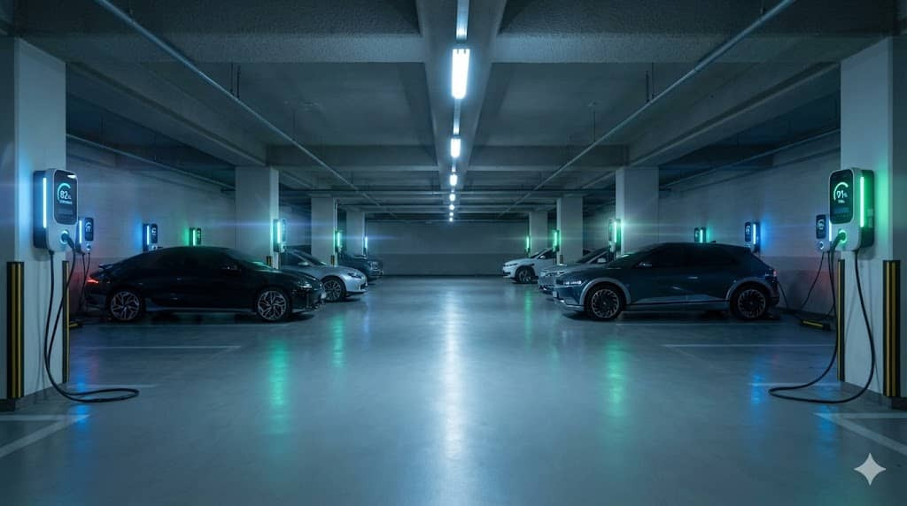 한국 아파트 지하주차장 전기차 충전소 야경, 충전 중인 전기차들과 충전 표시등