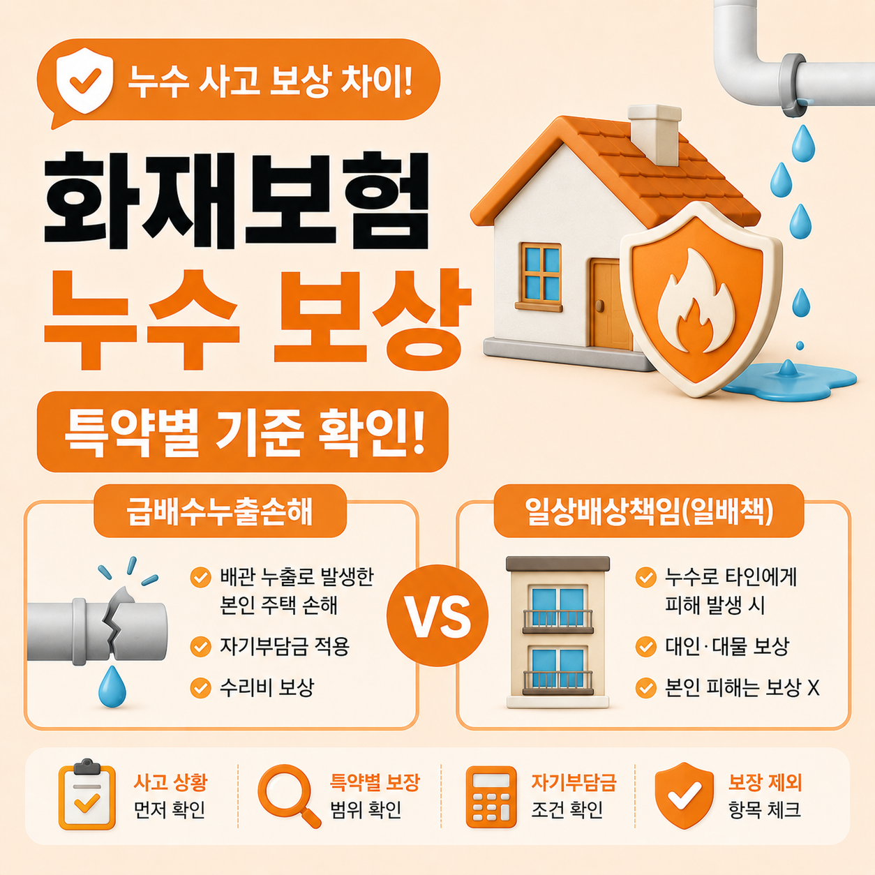 화재보험 누수 보상, 급배수누출손해와 일상배상책임 특약 비교 안내