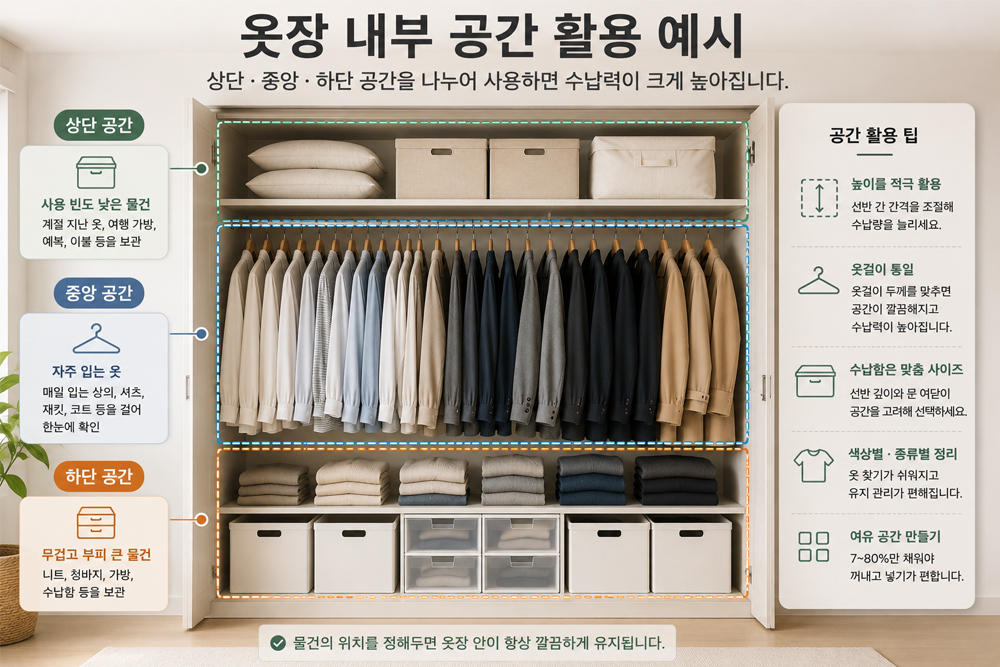 상단 선반에는 계절 의류와 보관함, 중앙에는 자주 입는 옷, 하단에는 수납함과 접은 의류를 배치해 옷장 공간을 효율적으로 활용하는 내부 수납 예시 이미지