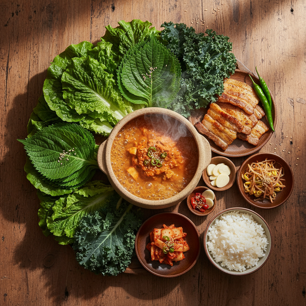 쌈 채소와 고기에 곁들인 자박자박 강된장