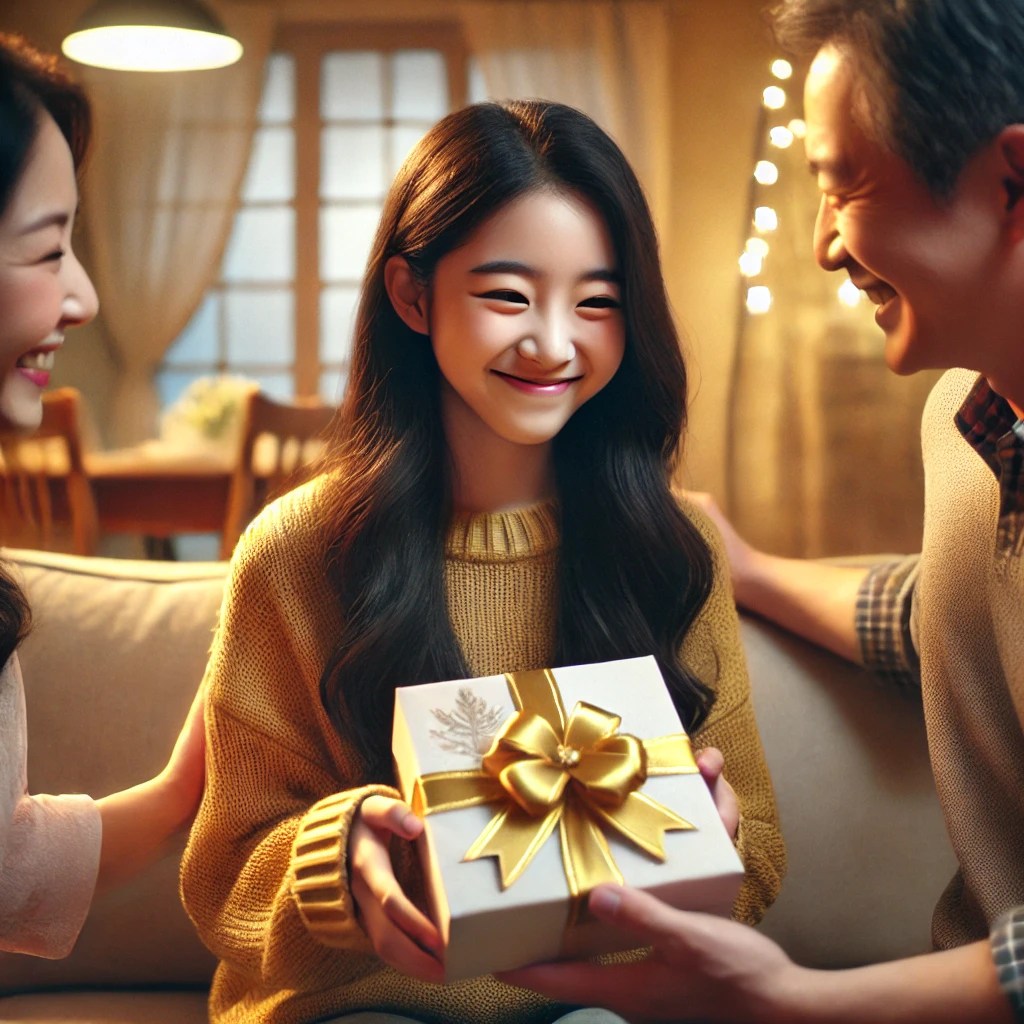 소파에서 부모로부터 작은 선물을 받고 기뻐하는 어린 소녀