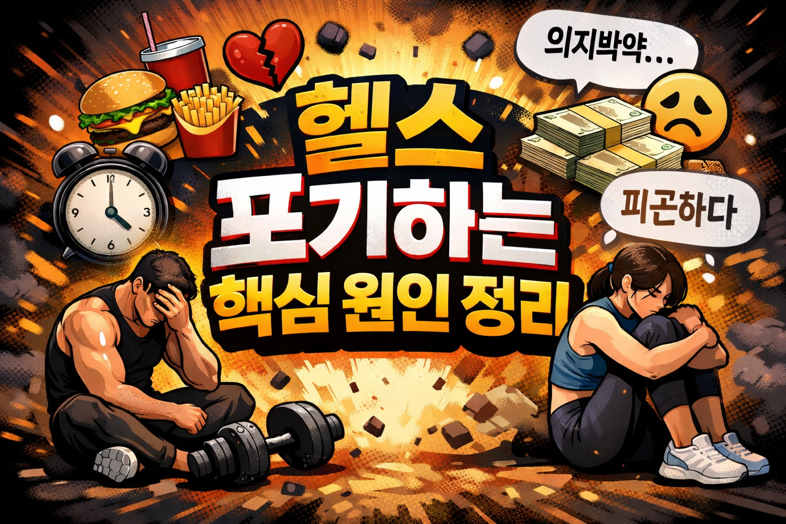 헬스 초보 포기 이유를 설명하는 이미지로, 과도한 운동 피로와 식단 스트레스로 운동을 오래 지속하지 못하는 상황을 표현