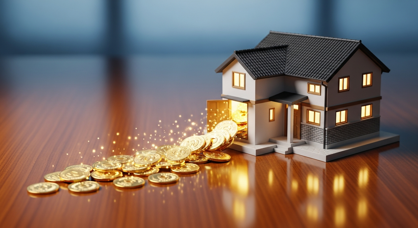 나무 테이블 위에 놓인 현대적인 한국 주택 모형의 현관문에서 한국 원화 동전이 흘러나와 안정적인 수입을 상징하는 모습.