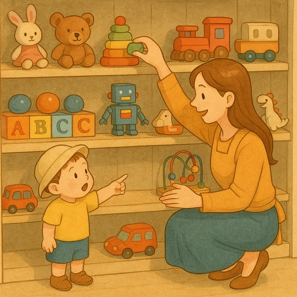 아기와 엄마가 대여할 장난감을 탐색하며 고르고 있는 일러스트(출처: 챗GPT)