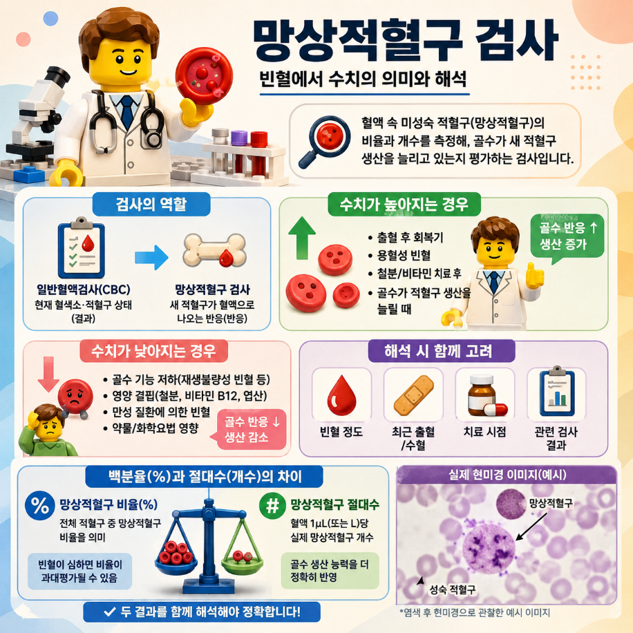 망상적혈구 검사의 의미와 빈혈에서 수치가 높거나 낮은 이유, 백분율과 절대수 차이를 설명한 레고 스타일 메디컬 인포그래픽