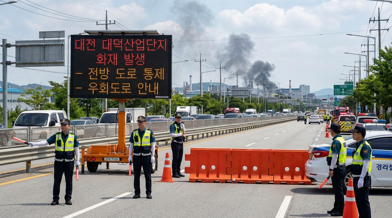 대전 대덕산업단지 화재 관련 경찰의 도로 통제 및 차량 우회 안내