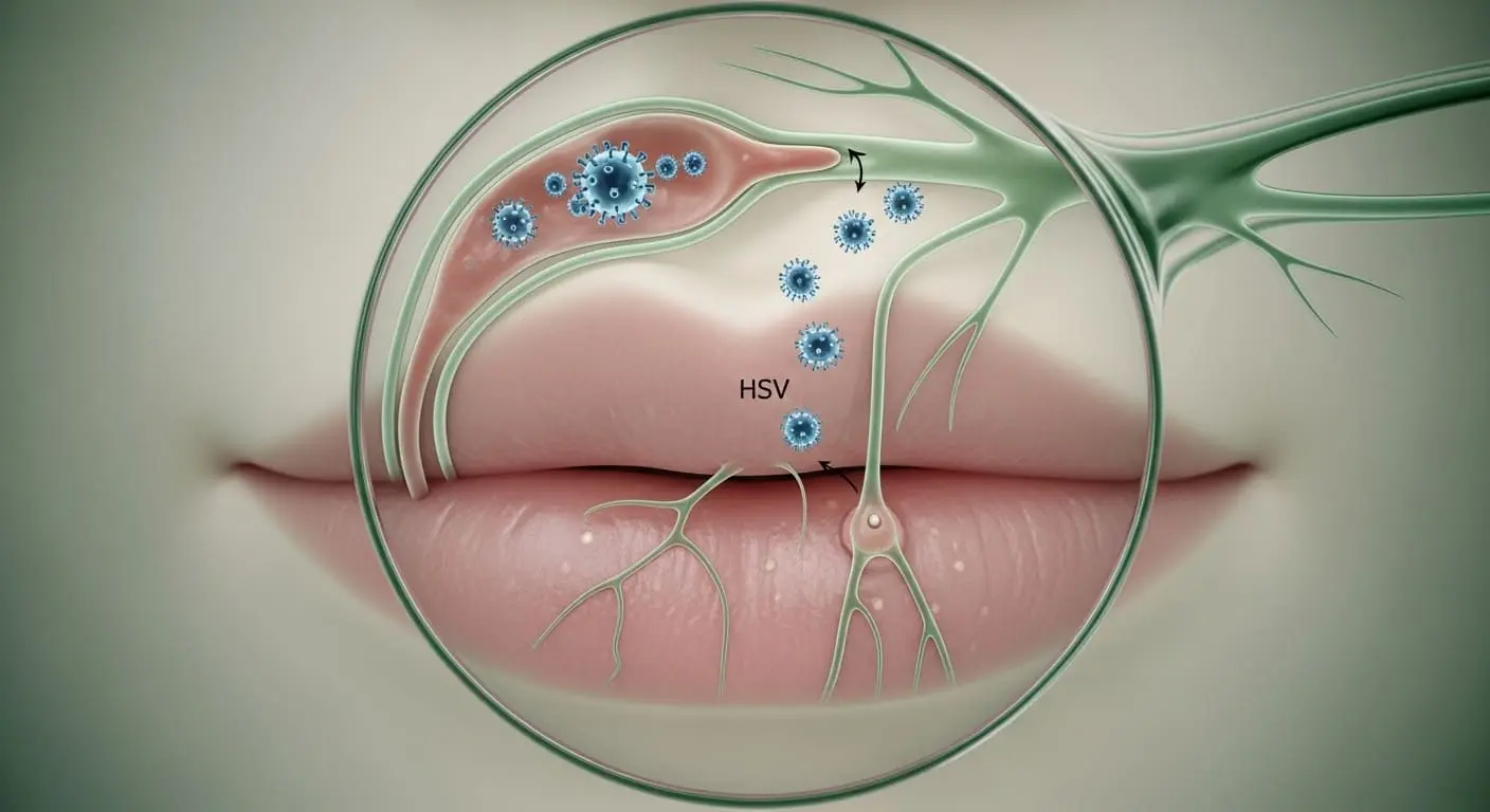 헤르페스-바이러스가-신경-세포에-잠복해-있다가-활성화되어-입술에-수포를-일으키는-과정의-개념도