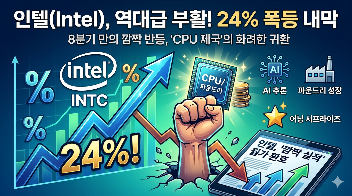 "인텔(Intel), 역대급 부활! 24% 폭등 내막"이라는 제목의 블로그 썸네일 이미지. 전기 회로가 그려진 파란색 배경 위에 '24%!'가 적힌 급상승하는 주가 차트 화살표가 보이고, 주먹을 쥔 손이 'CPU/파운드리' 칩을 힘차게 들어 올리고 있다. 그 아래로는 'AI 추론', '파운드리 성장' 아이콘과 함께 '인텔, 깜짝 실적 월가 환호'라고 적힌 태블릿 화면이 놓여 있어 인텔의 강력한 실적 회복과 미래 성장성을 직관적으로 보여준다.