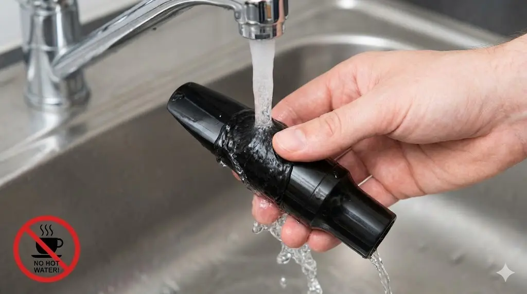 색소폰 마우스피스를 흐르는 물에 세척하는 모습 (뜨거운 물 사용 금지)