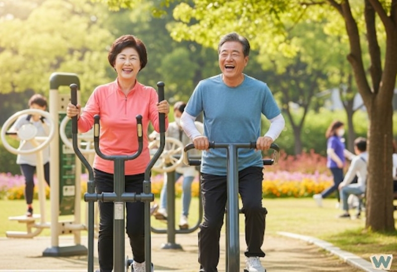 활기차게 공원에서 운동하는 노년 부부, 건강한 노후를 위한 신체 활동 via Gemini