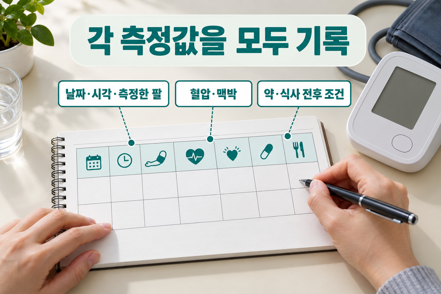 날짜&middot;시각&middot;측정한 팔, 혈압&middot;맥박, 약&middot;식사 전후 조건을 남기도록 나눈 빈 기록 양식