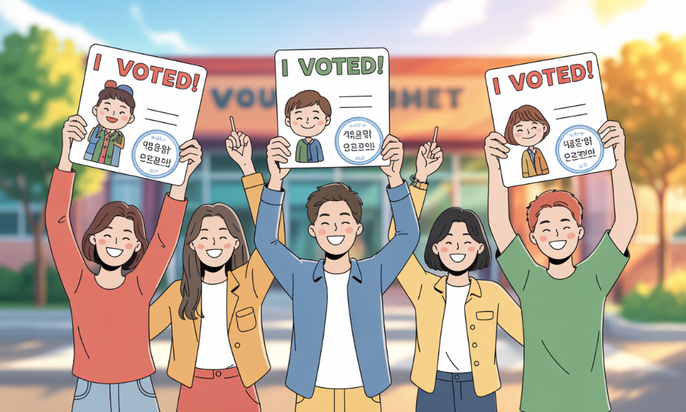 MZ세대가 직접 제작한 투표 인증 종이를 들고 웃는 모습. 캐릭터와 문구로 개성을 표현하며 투표를 독려하는 이미지.