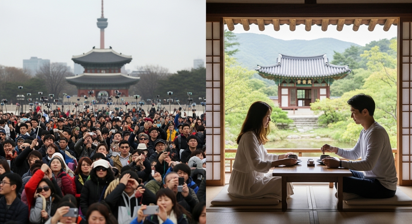 유명 관광지의 인파와 한적한 숨은 명소의 평화로움이 대조되는 모습