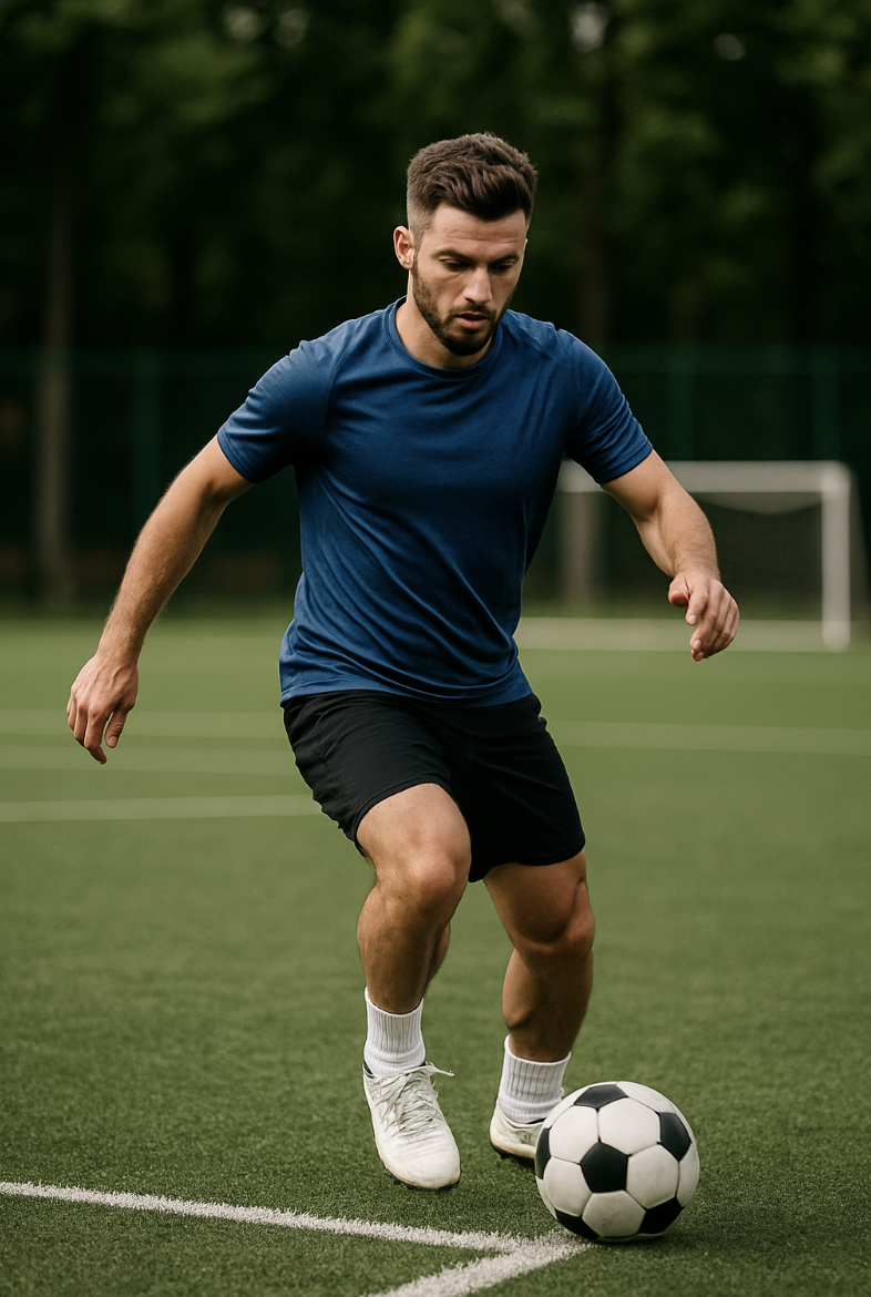 푸른 셔츠와 검은 반바지를 입은 젊은 축구 선수가 인조잔디 필드에서 공을 드리블하며 집중하는 모습