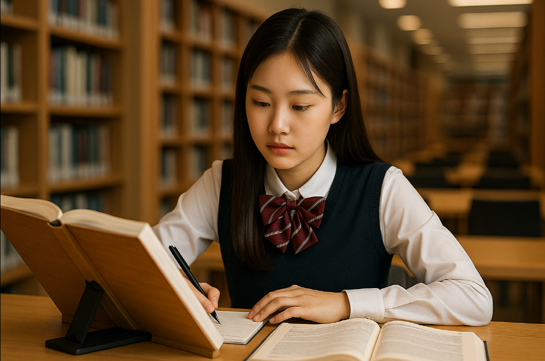 도서관에서 공부에 몰입 중인 학생의 모습