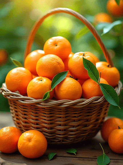 갈색 바구니에 주황색 감귤들이 가득 담겨 있다. 바구니 밖에도 감귤 4개가 있다.