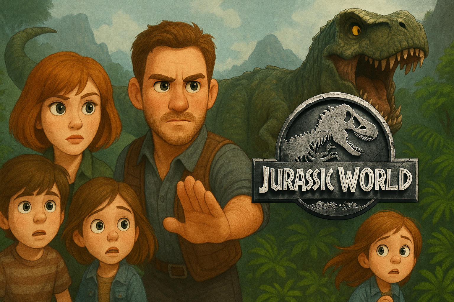 여자,남자,여자아이,남자아이가 공룡을 피해 조용히 숨어있는 모습