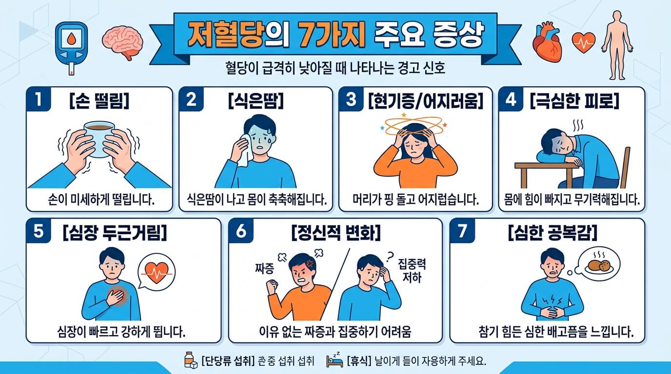 당이 떨어질 때 나타날 수 있는 7가지 증상을 설명하는 건강 인포그래픽