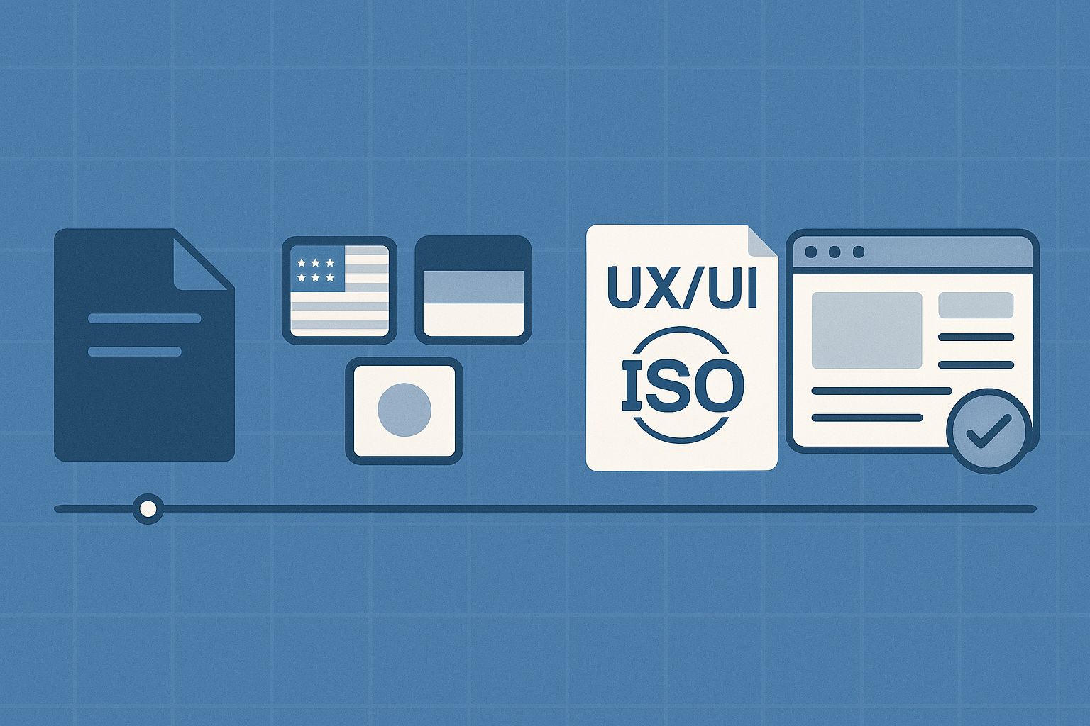 UX/UI ISO 표준을 상징하는 네 가지 아이콘: 문서 연혁, 참여 국가, 표준 문서, 준수 웹사이트.