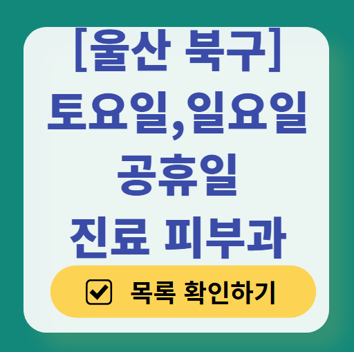 울산 북구 일요일 문 여는 피부과 리스트 ❘ 토요일, 주말, 공휴일 영업 병원 (두드러기, 아토피, 습진, 피부염, 여드름 진료)