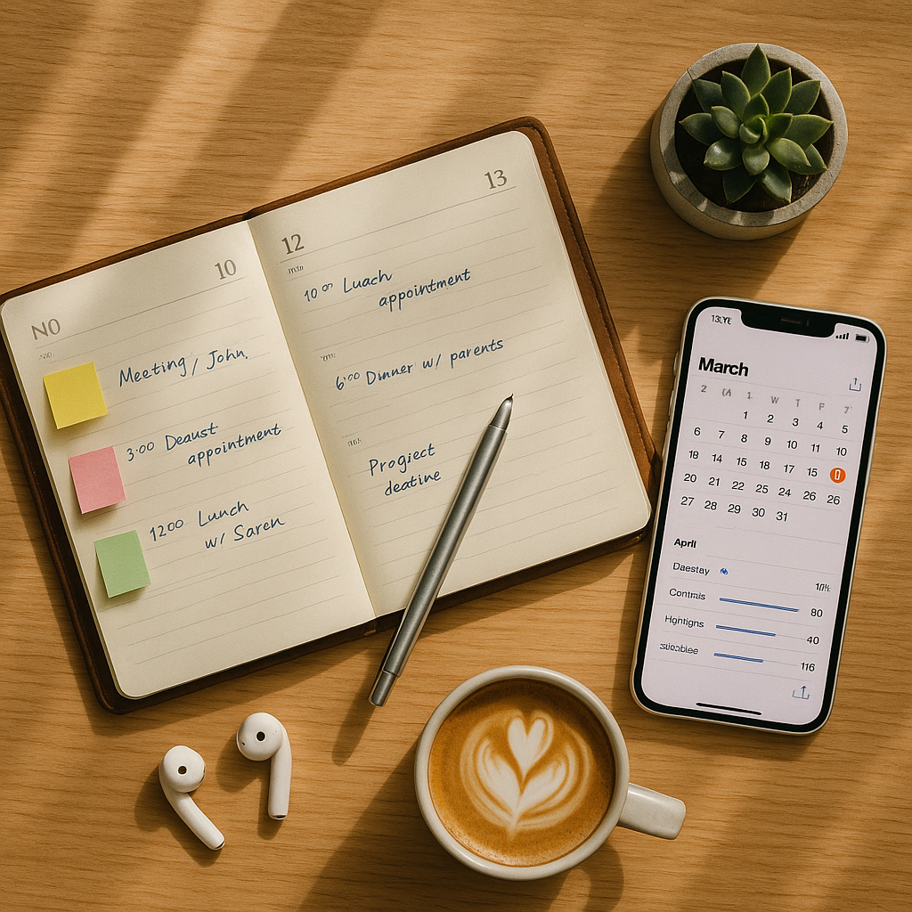 "휴가 후 직장 복귀 준비를 위해 플래너에 일정을 정리하고 스티키 노트로 업무 우선순위를 계획하는 책상 위 모습"