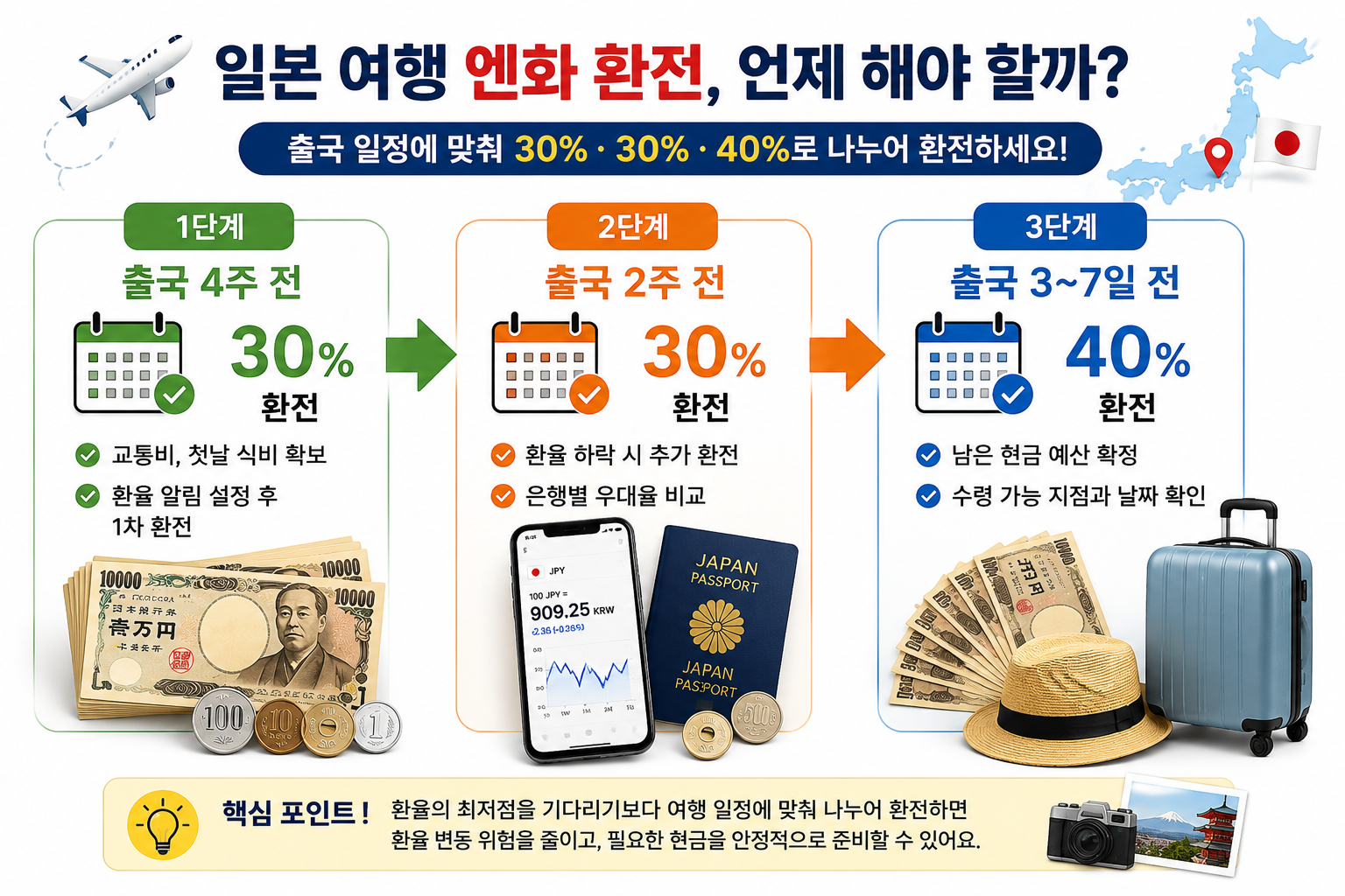 일본 여행 출국 4주 전부터 엔화를 30퍼센트 30퍼센트 40퍼센트로 나누어 환전하는 방법
