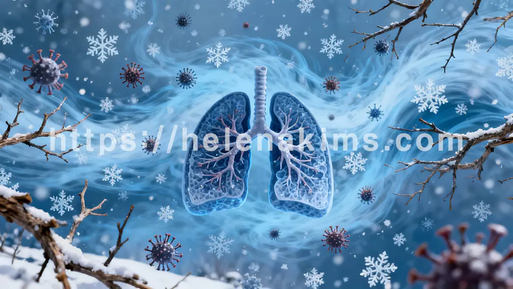 푸른빛의 차가운 공기 흐름, 건조함을 상징하는 메마른 가지, 그리고 다양한 바이러스 형태의 작은 입자들이 중앙의 인간 기관지 단면을 위협적으로 감싸는 모습.