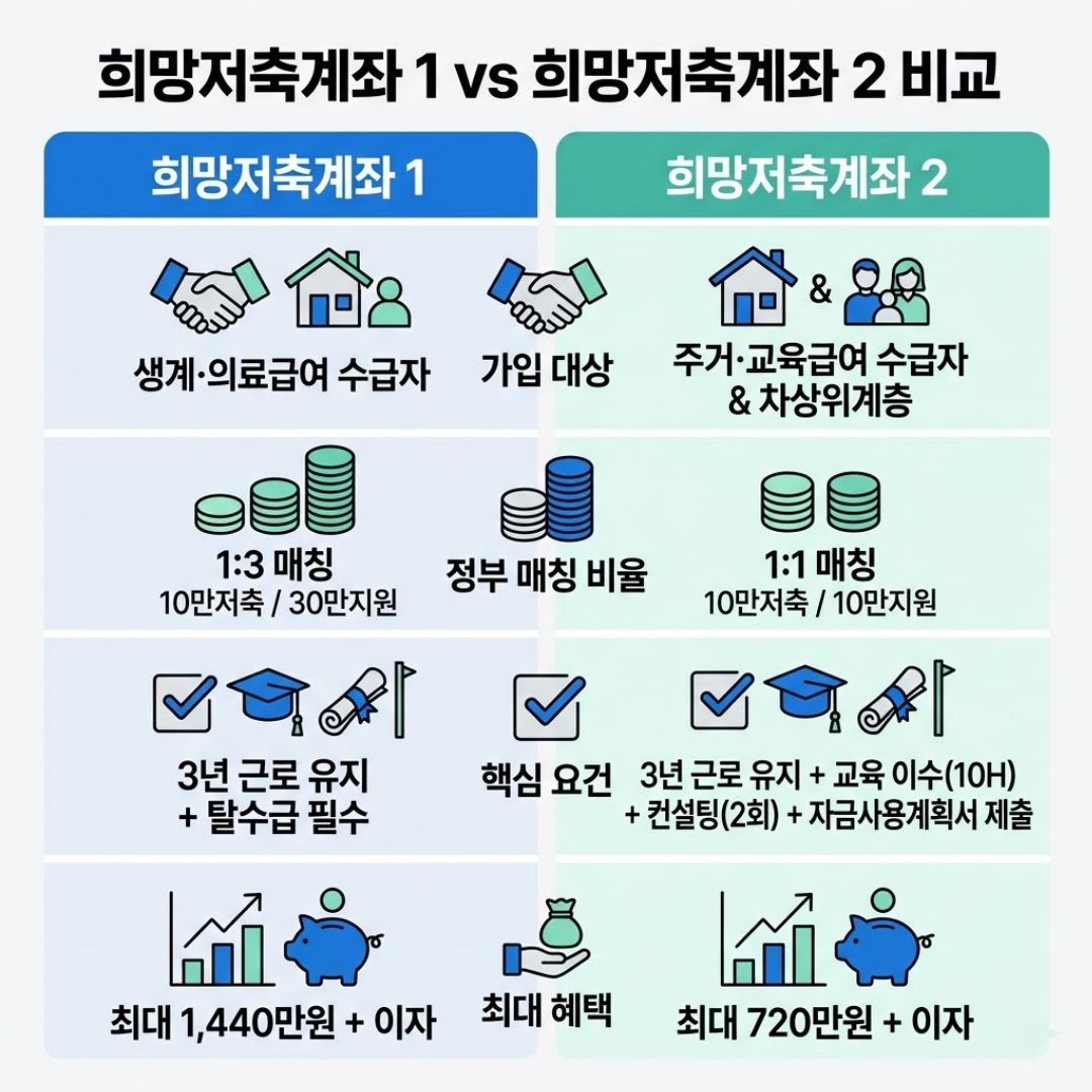 희망저축계좌 1과 2 신청 자격 및 정부 매칭 비율 비교 인포그래픽