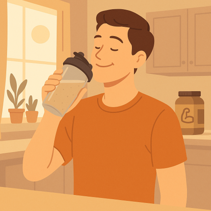 아침 햇살이 드는 주방에서 단백질 쉐이크를 마시며 미소 짓는 사람의 일러스트