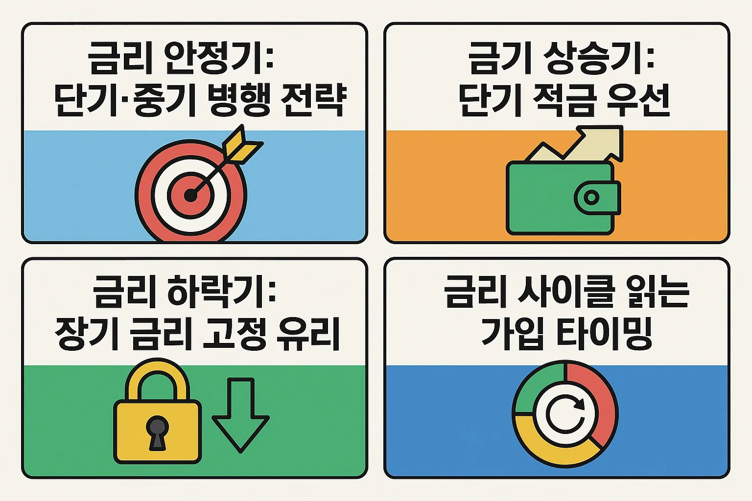 금리 상승기와 하락기별 유리한 적금 전략, 금리 사이클에 맞는 가입 타이밍을 제시한 실전형 이미지