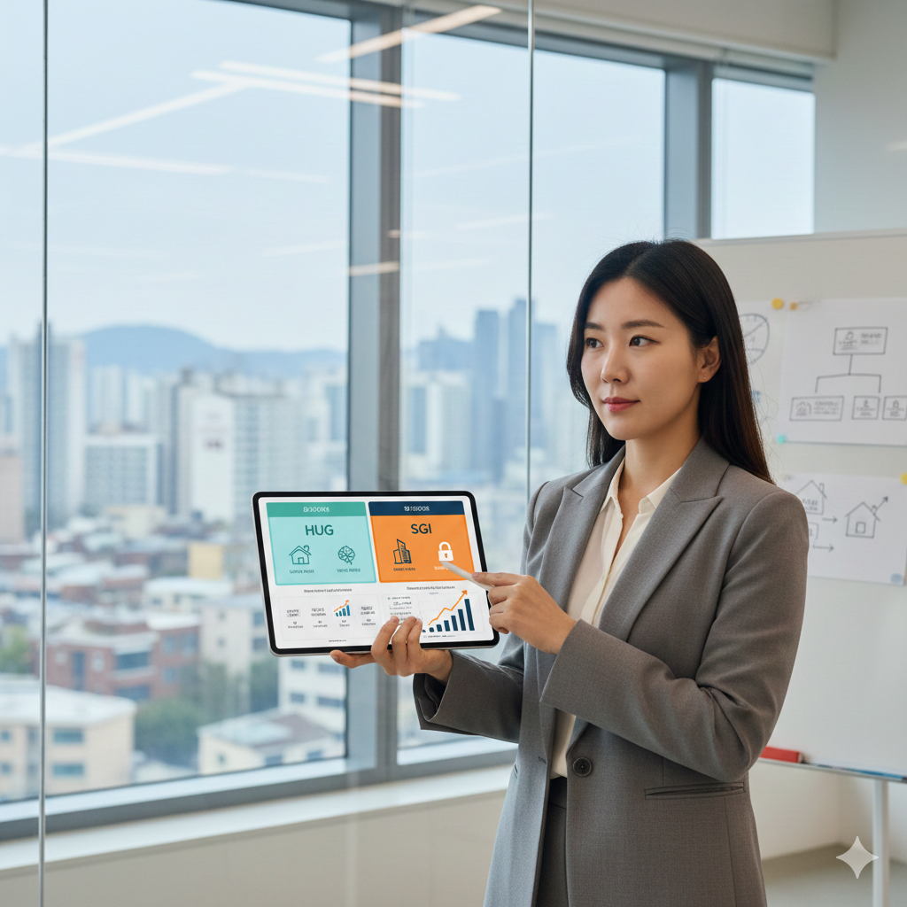 정장 차림의 여성 전문가가 사무실 유리창 앞에서 태블릿을 들고 HUG와 SGI 보험 비교 자료를 가리키며 설명하고 있다. 화면에는 보험료, 보장한도 그래프와 126% 규칙이 표시되어 있고, 도시 전경이 배경이다.