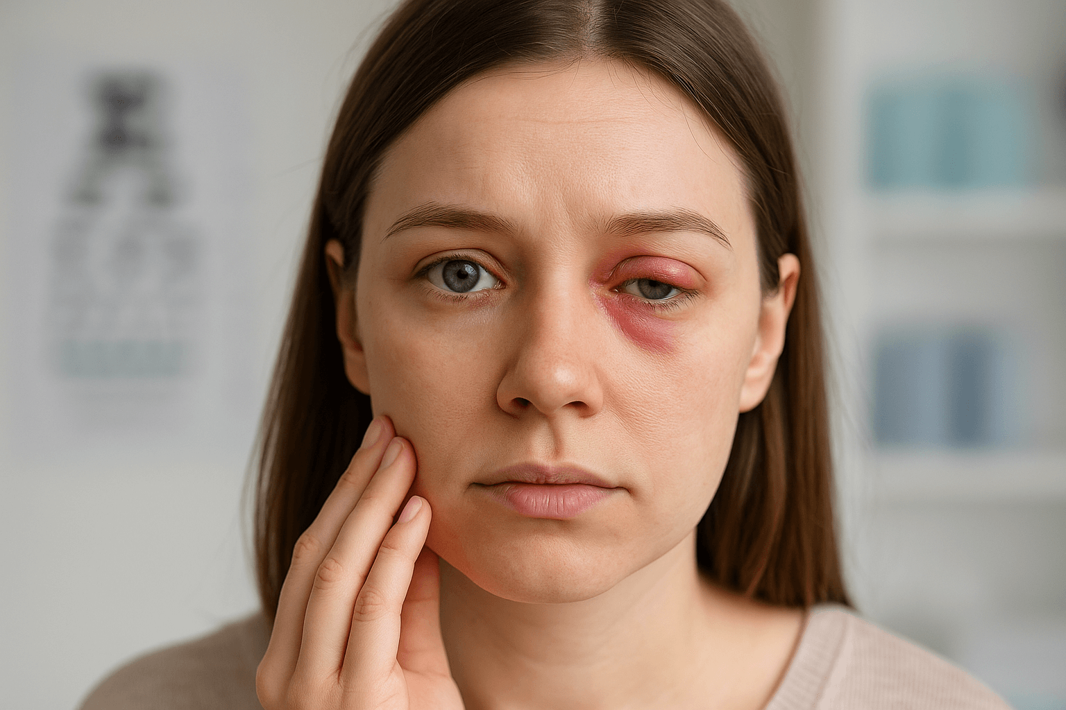 눈꺼풀에 붓고 빨갛게 부어오른 여자의 얼굴(출처**자체제작)