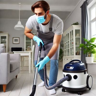 남성이 마스크를 쓰고 실내청소를 하고 있다