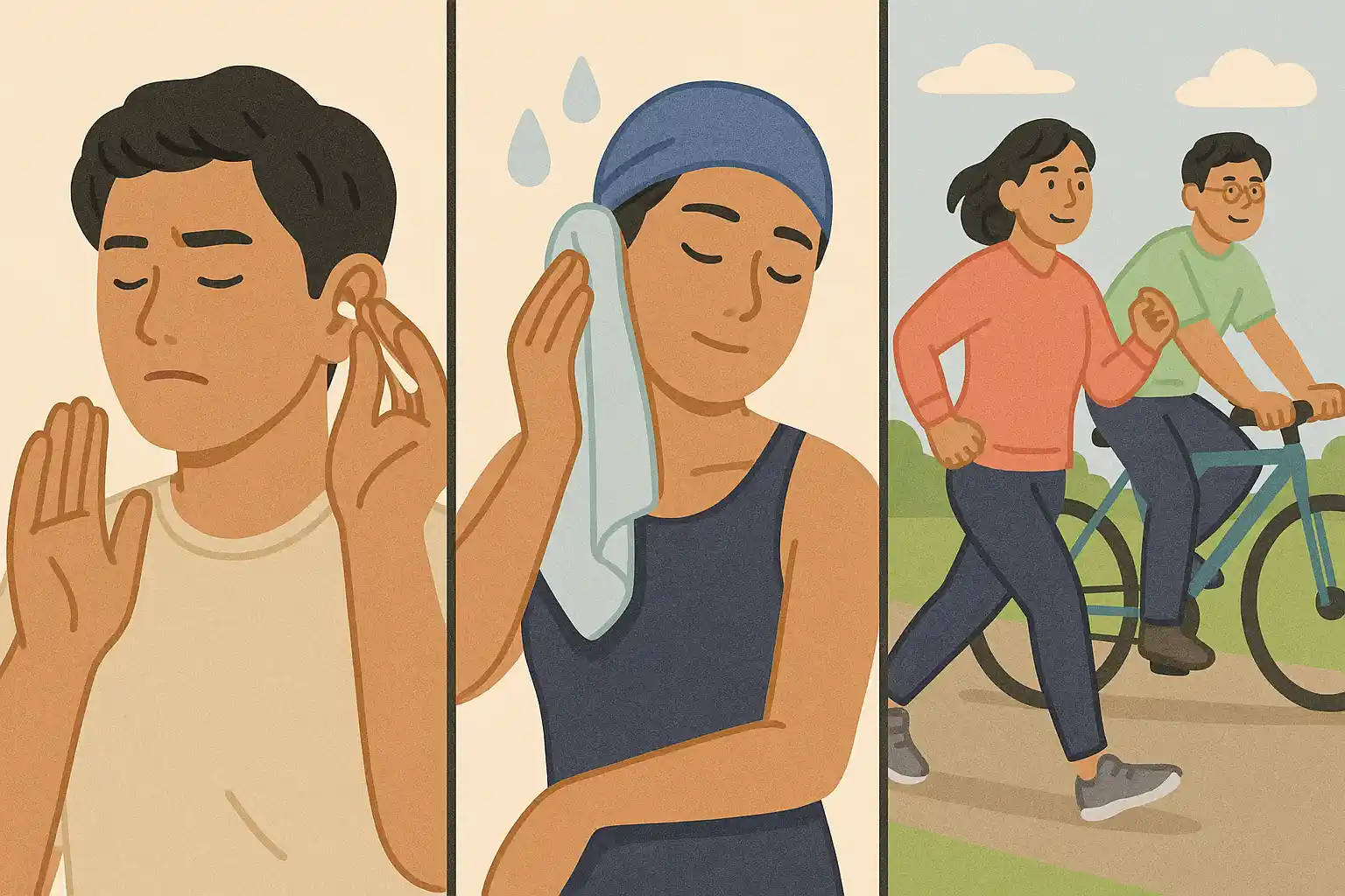 귀지를 지나치게 파지 않고 관리하는 사람, 수영이나 샤워 후 귀를 가볍게 닦는 모습, 주기적인 유산소 운동(걷기, 자전거 타기) 중인 사람