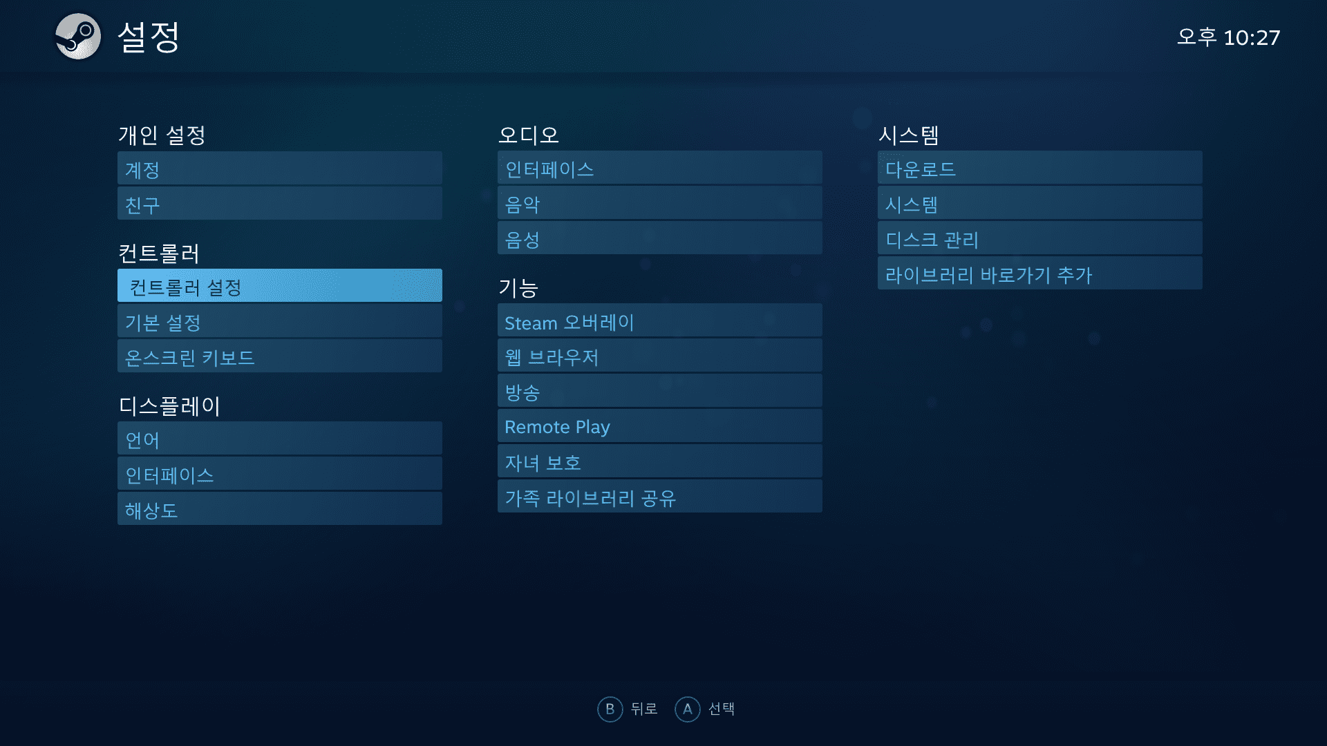 스팀 컨트롤러 설정