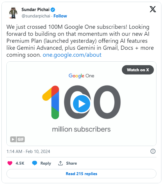 Google One이 1억 구독자를 돌파