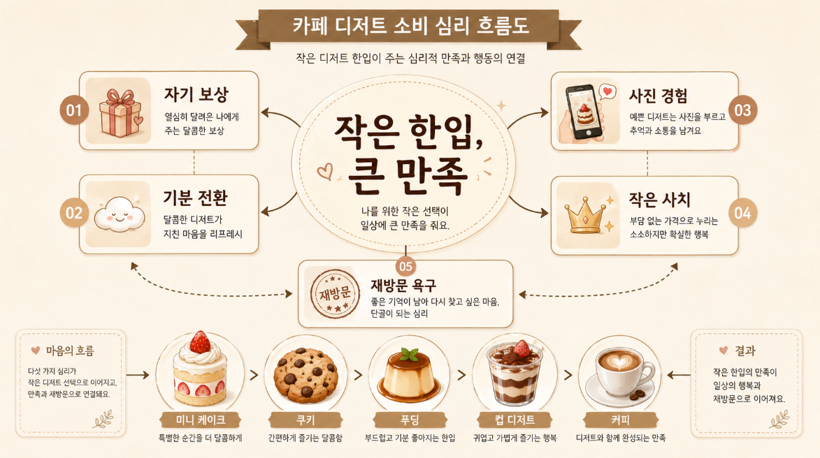 자기 보상과 작은 사치 심리로 카페 디저트를 선택하는 소비 흐름 인포그래픽