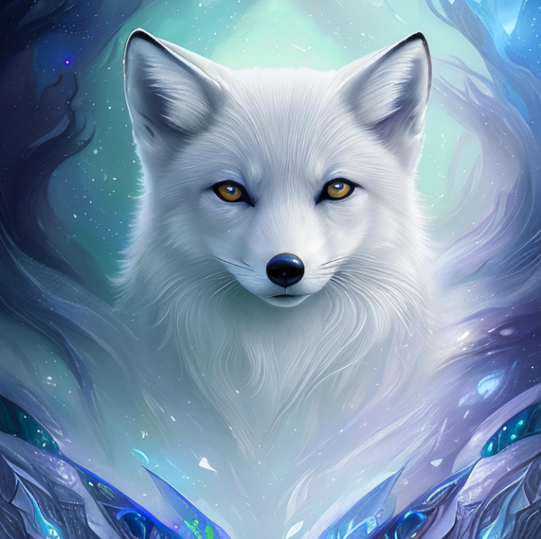 푸른 안개와 신비로운 빛에 둘러싸인 채 황금빛 눈동자로 정면을 응시하는 백색 구미호의 초상화. 수천 년 동안 죽지 않고 다시 태어나는 구미호의 불멸성과 영적인 힘을 상징하는 이미지