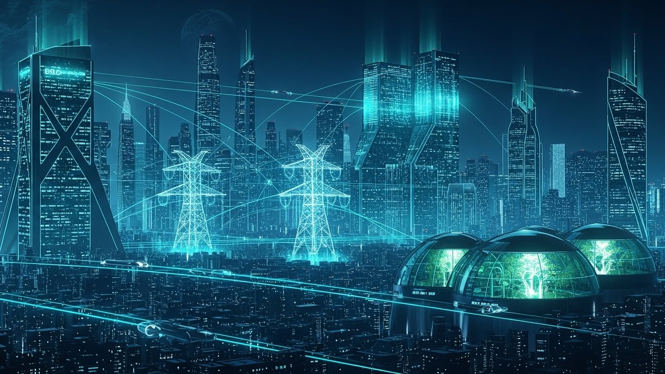 Futuristic city skyline with glowing digital lines connecting data centers, power grids, and bio-labs, Teal and Cyan theme.
