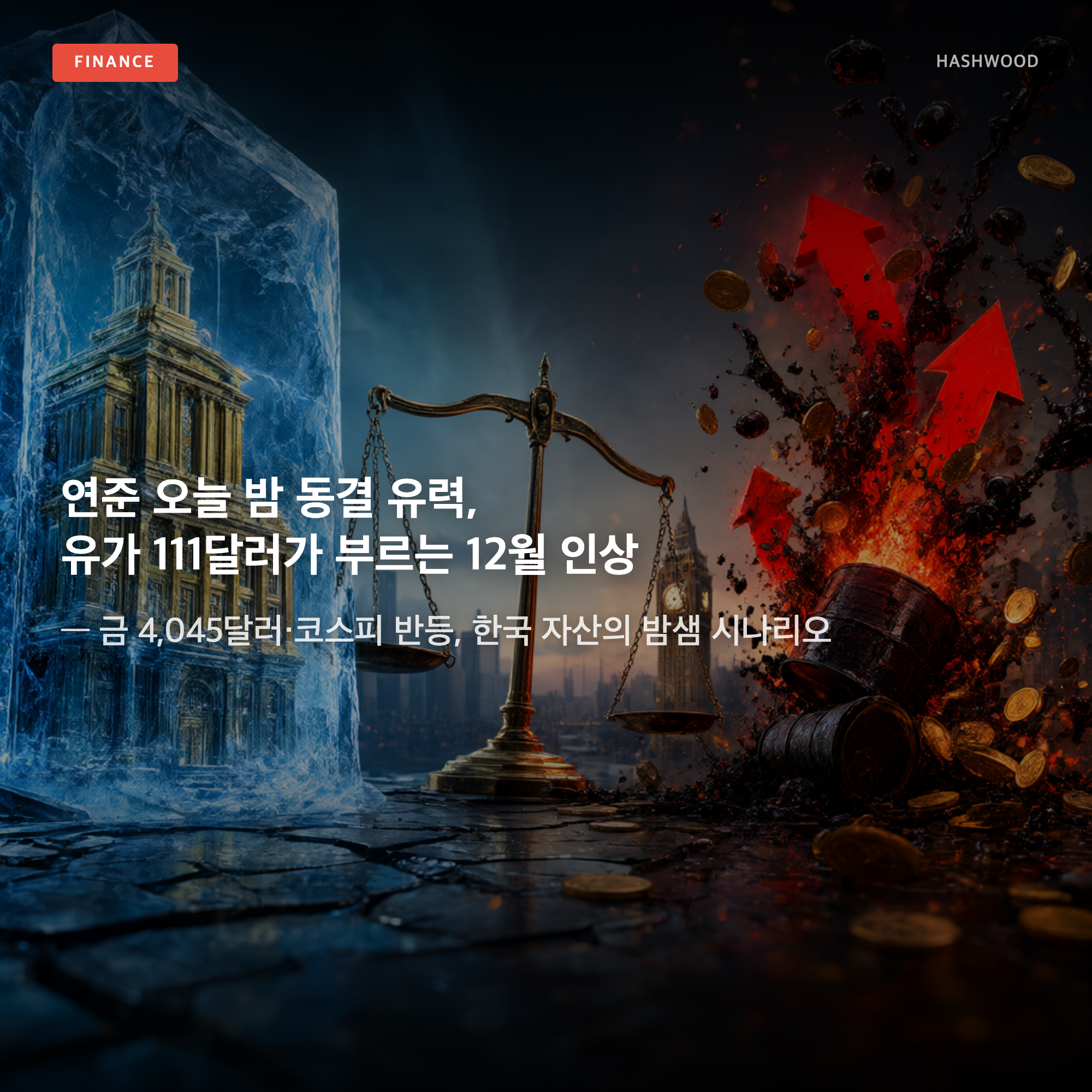 그림: 연준 오늘 밤 동결 유력, 유가 111달러가 부르는 12월 인상 — — 금 4,045달러·코스피 반등, 한국 자산의 밤샘 시나리오