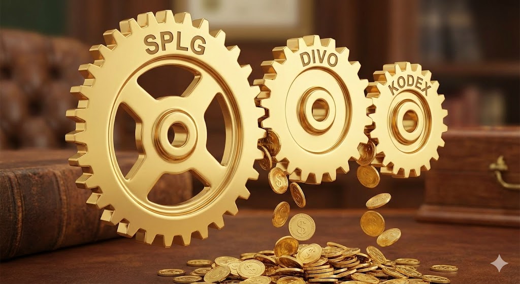 SPLG(지수 성장) + DIVO(성장+배당) + KODEX(고배당) 세 가지가 맞물려 돌아가는 황금 톱니바퀴 일러스트
