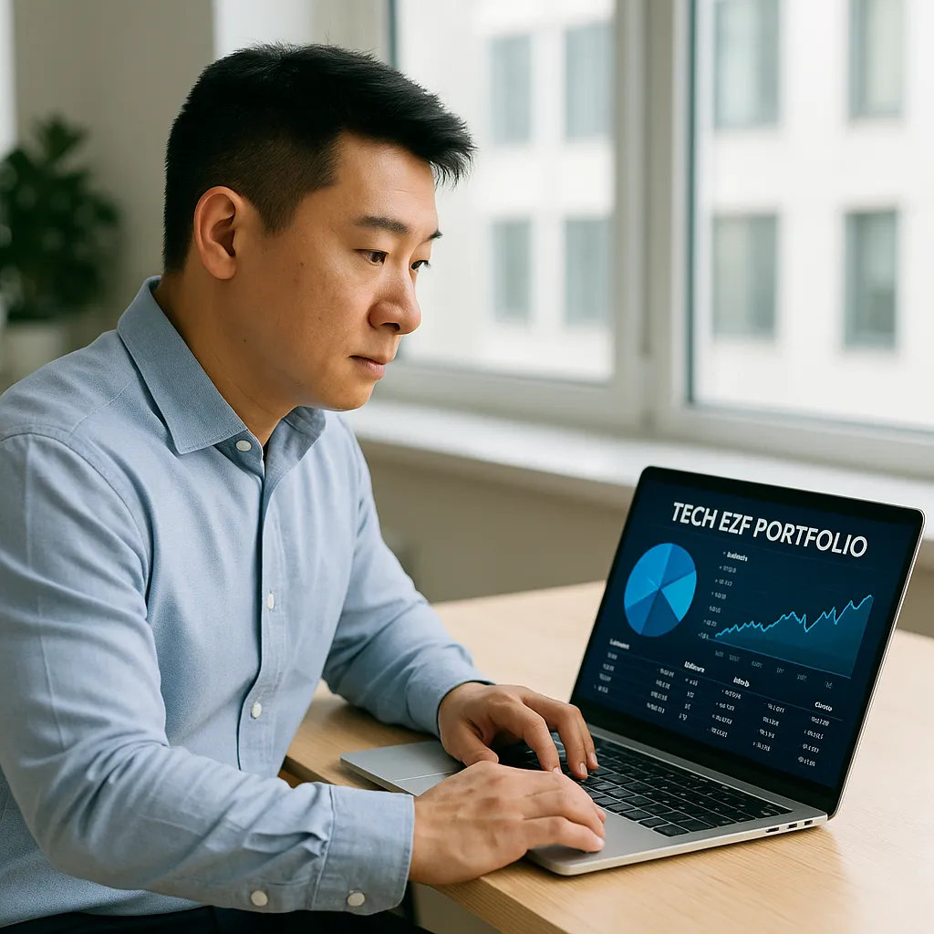 사무실 책상에서 노트북으로 기술 ETF를 분석하는 남성