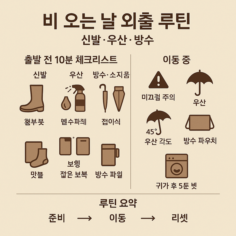 비 오는 날 외출 루틴: 신발&middot;우산&middot;방수 한 번에 끝내기